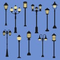 Tall lanterns. Vintage street lamps, classical outdoor design elements for lighting. Electric lamp post isolated collection Royalty Free Stock Photo